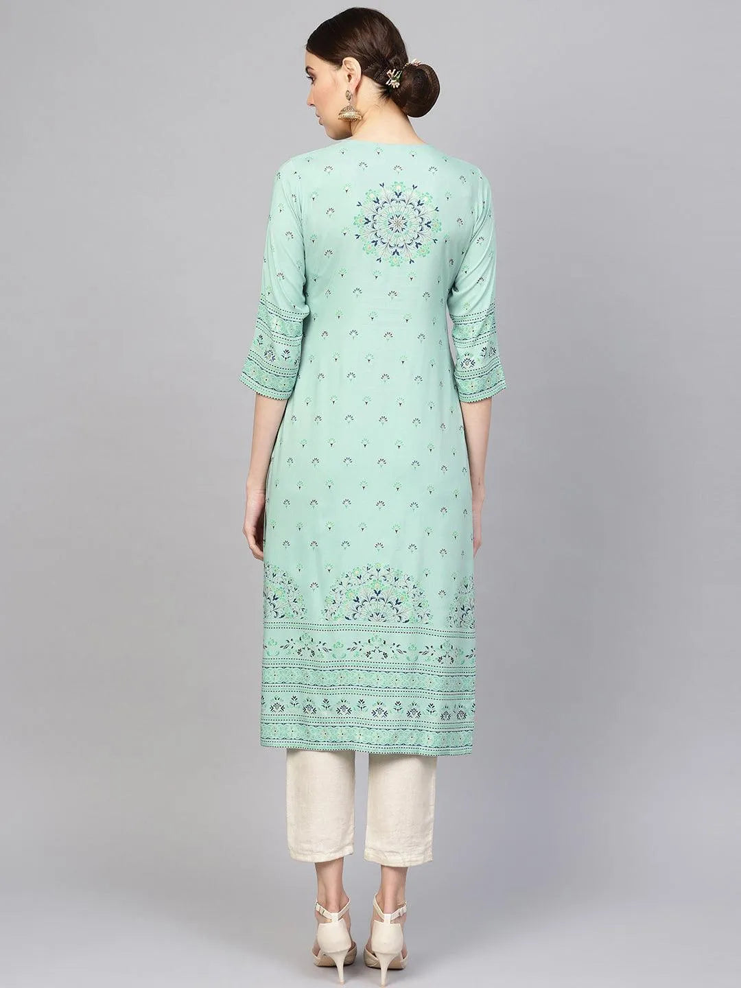 Green Printed Rayon Kurta - Libas