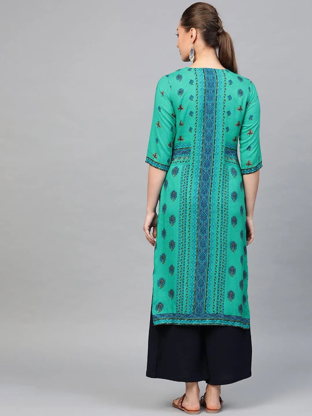 Green Printed Rayon Kurta - Libas