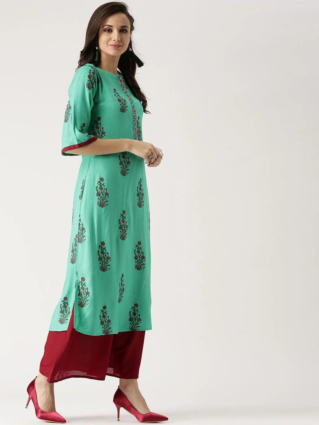 Green Printed Rayon Kurta - Libas 