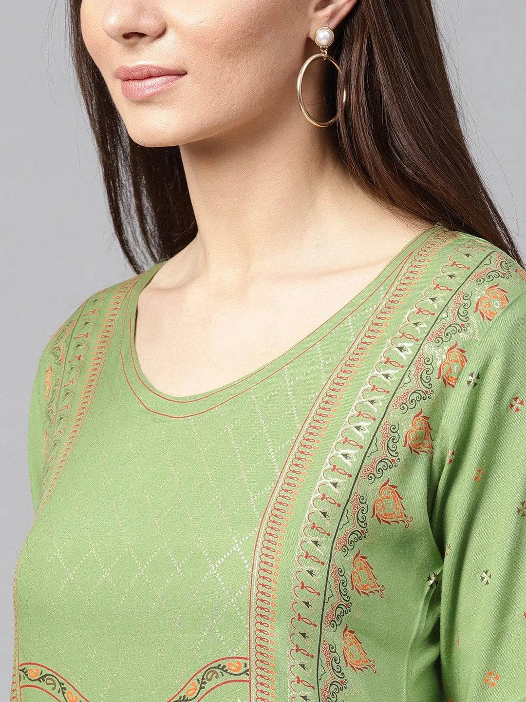 Green Printed Rayon Kurta - Libas