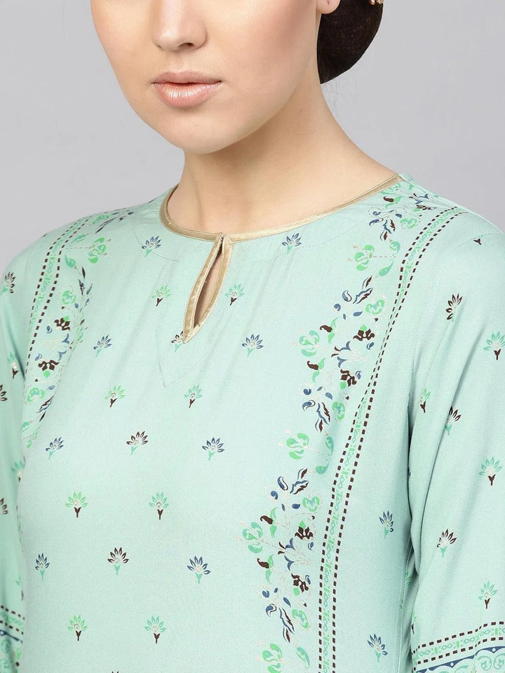 Green Printed Rayon Kurta - Libas