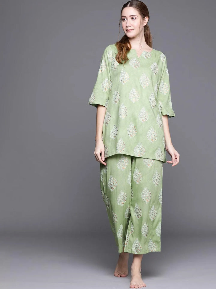 Green Printed Rayon Night Suit - Libas