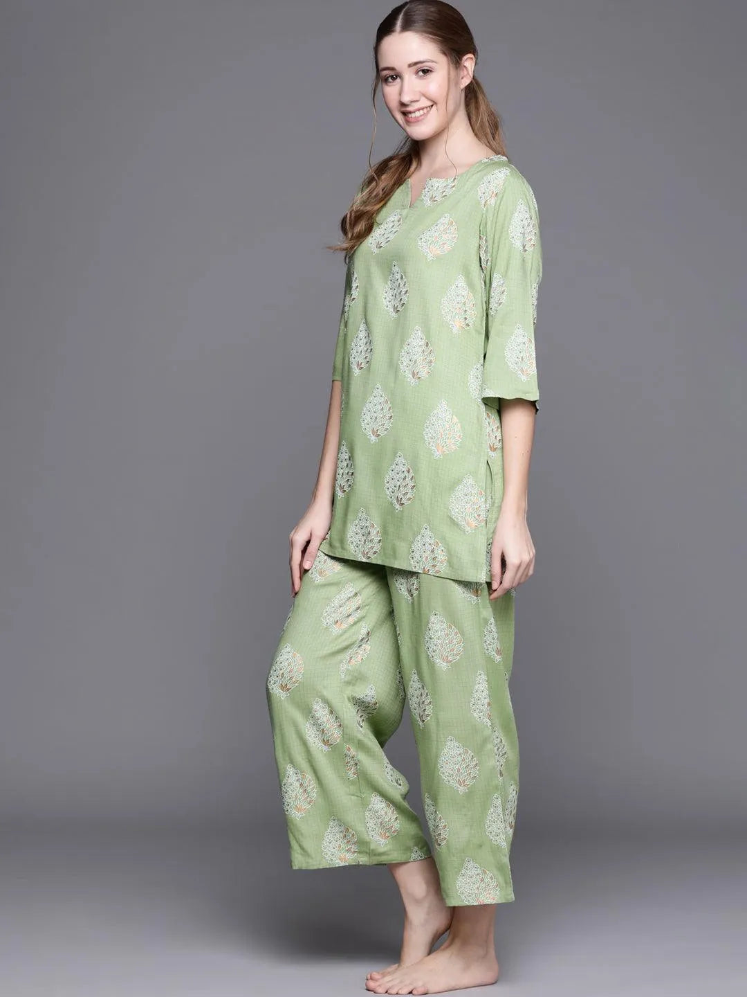 Green Printed Rayon Night Suit - Libas 