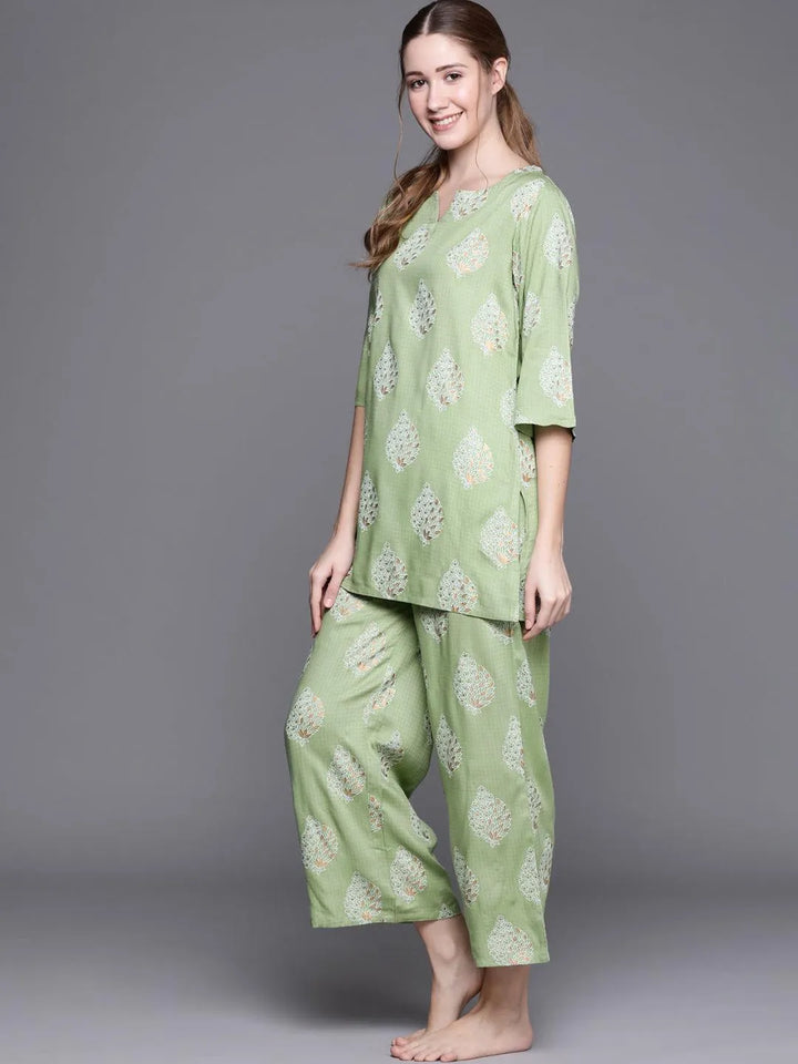 Green Printed Rayon Night Suit - Libas