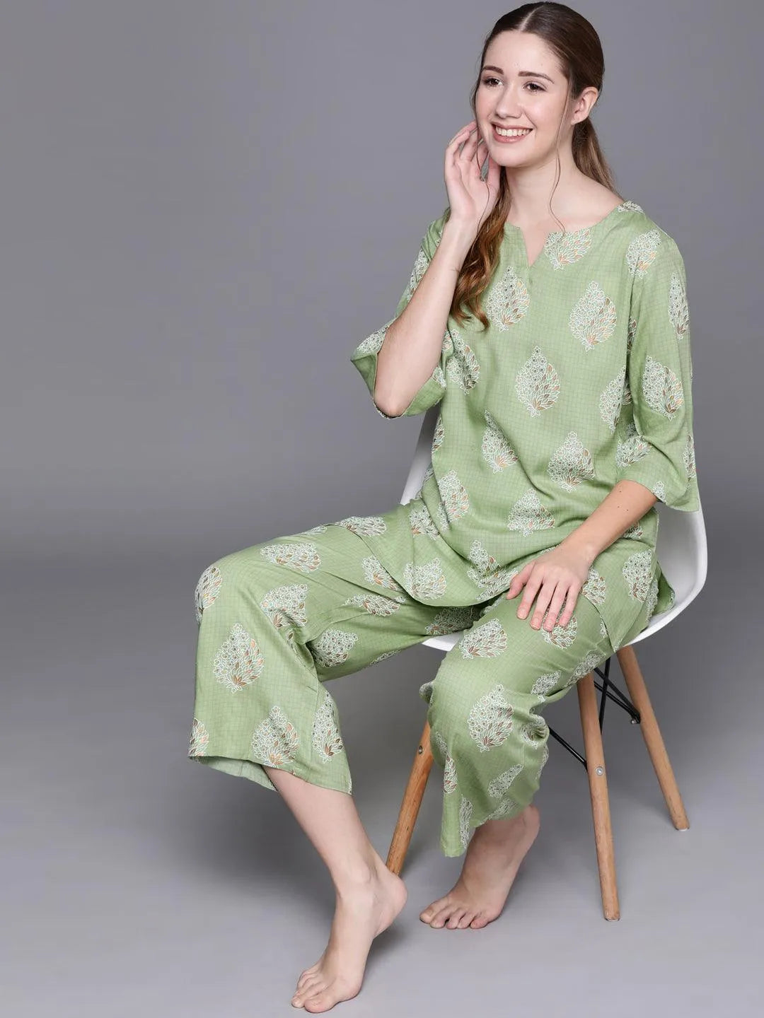 Green Printed Rayon Night Suit - Libas 