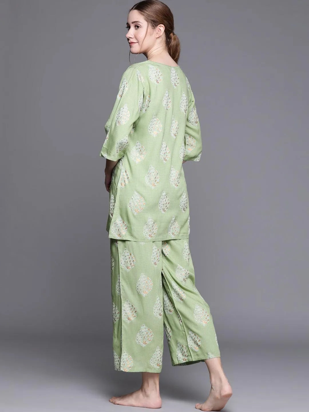 Green Printed Rayon Night Suit - Libas 