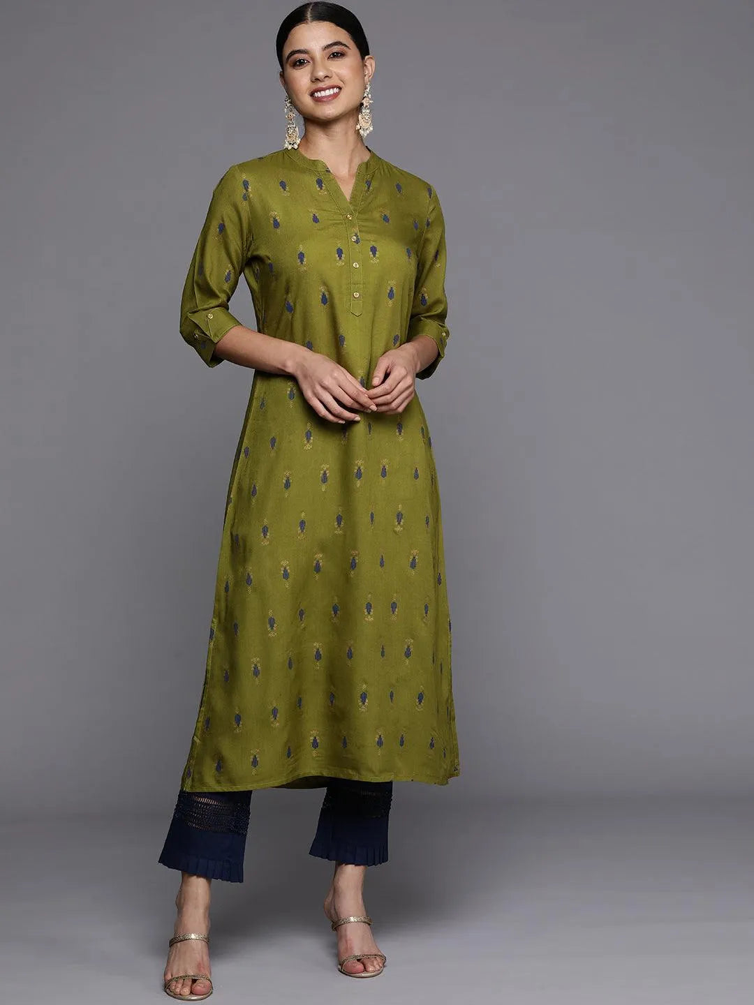 Green Printed Rayon Straight Kurta - Libas