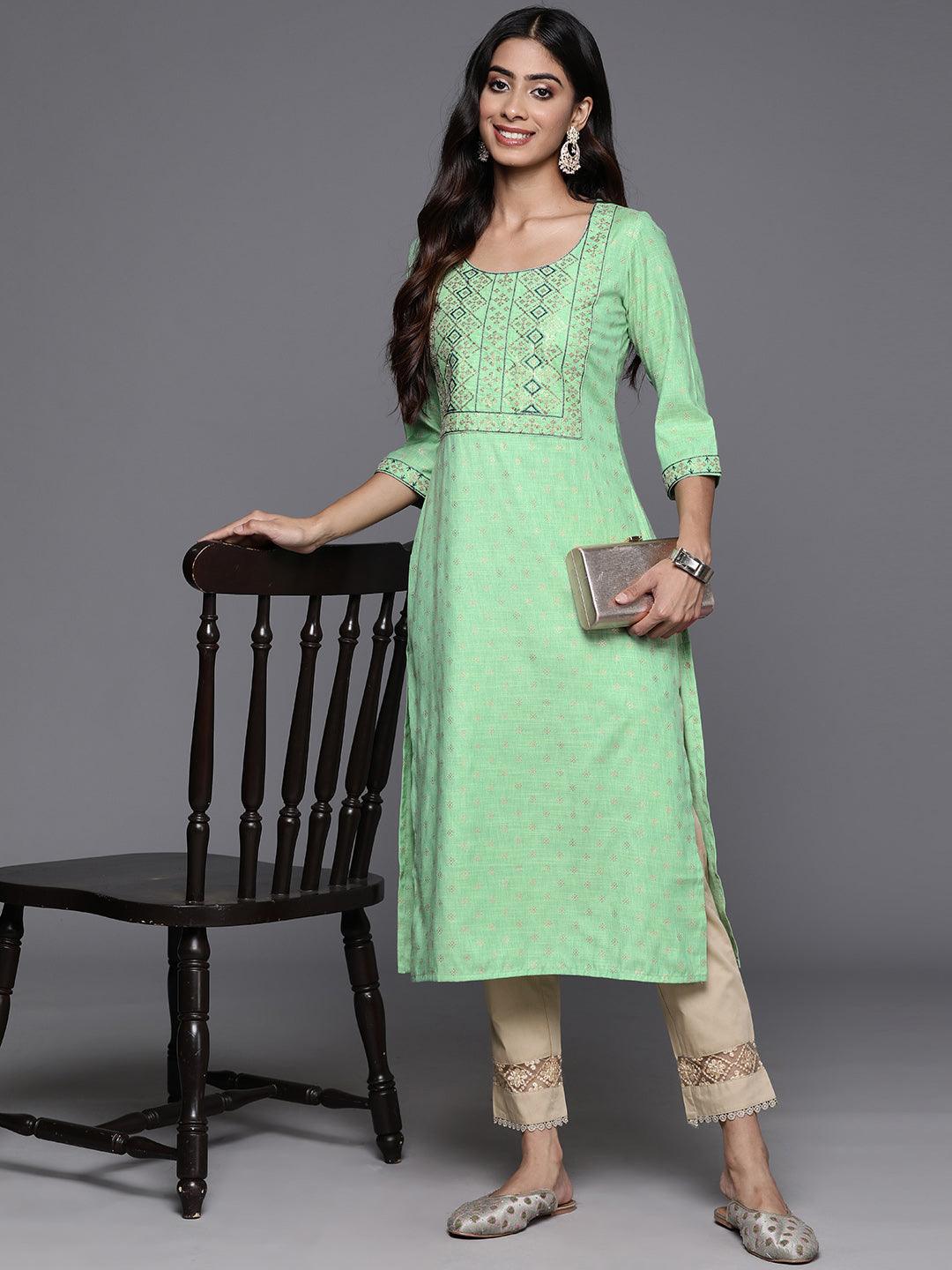 Green Printed Rayon Straight Kurta - Libas