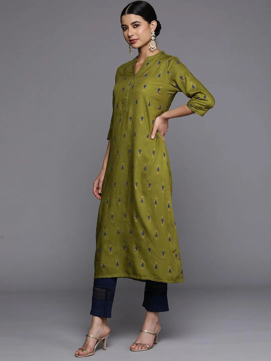 Green Printed Rayon Straight Kurta - Libas