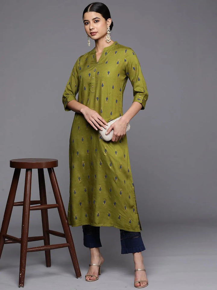 Green Printed Rayon Straight Kurta - Libas