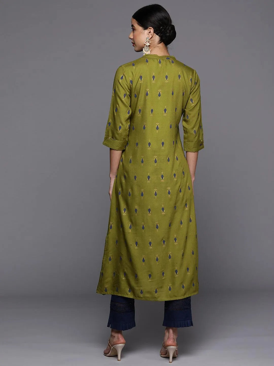 Green Printed Rayon Straight Kurta - Libas