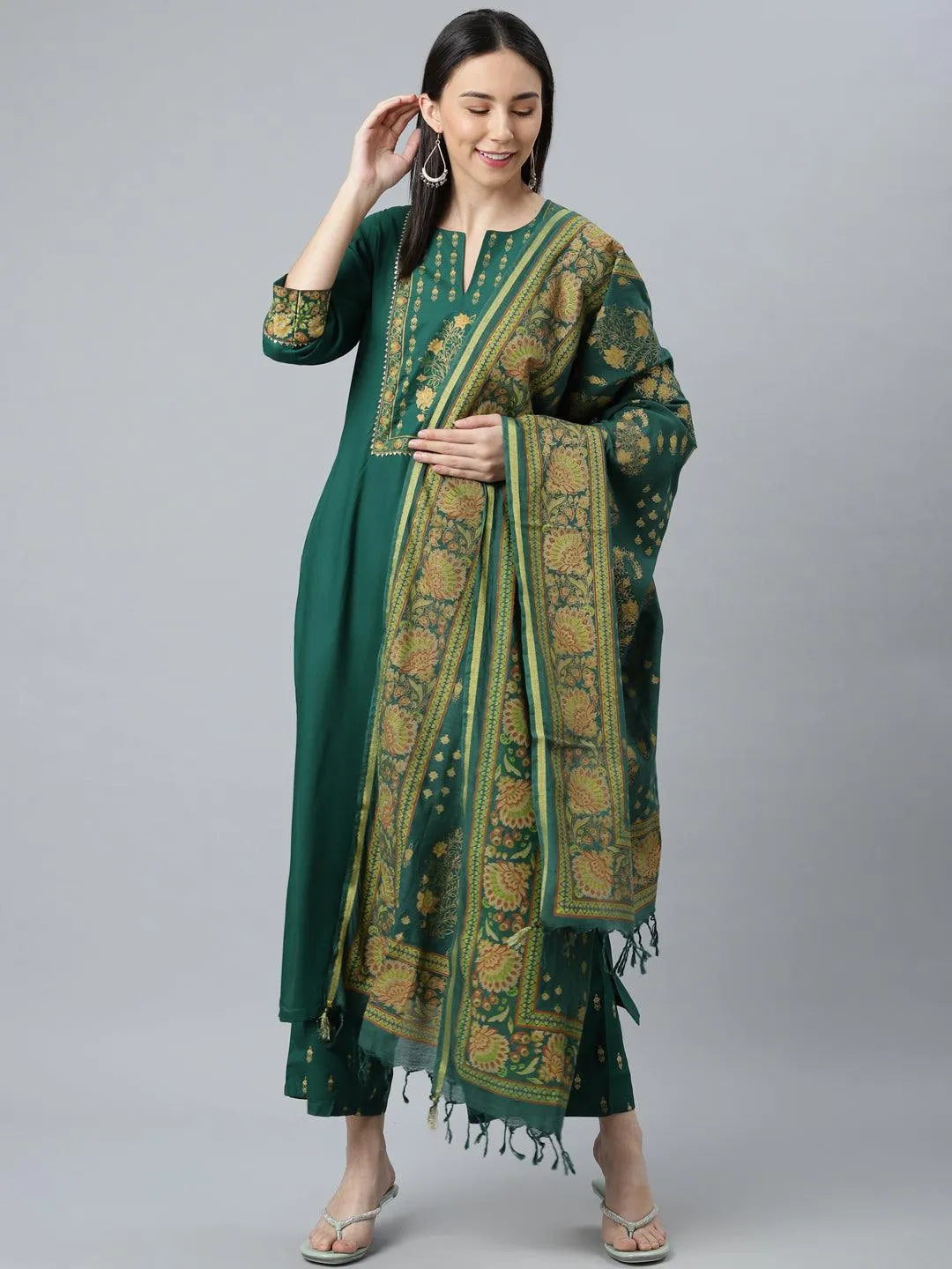 Green Printed Rayon Suit Set - Libas