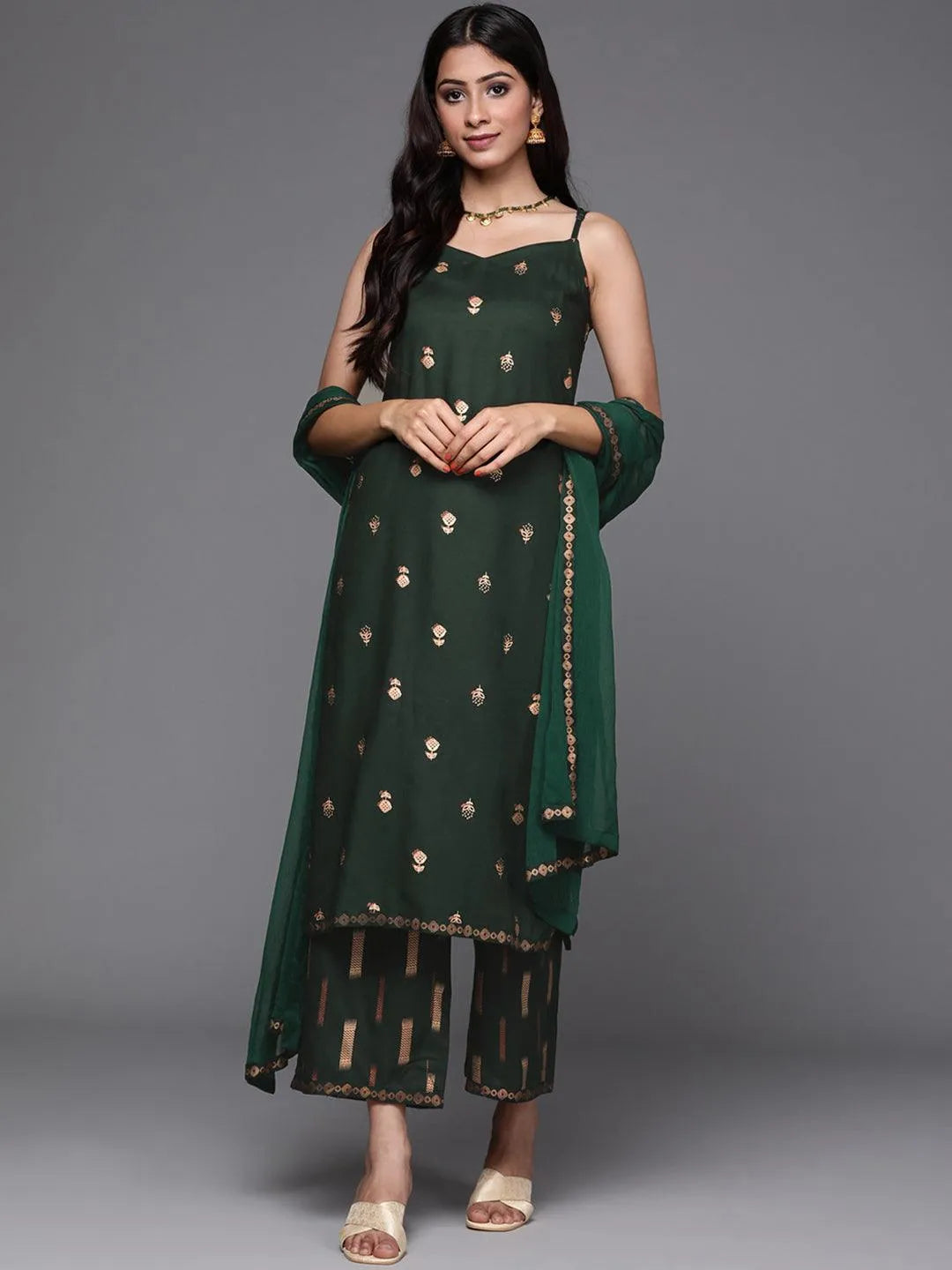 Green Printed Rayon Suit Set - Libas