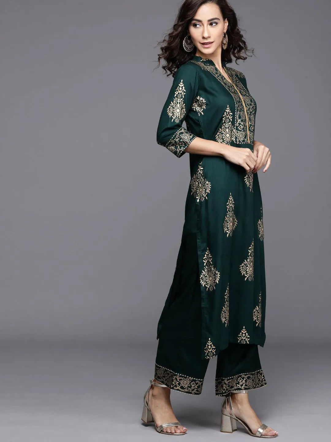 Green Printed Viscose Rayon Suit Set - Libas