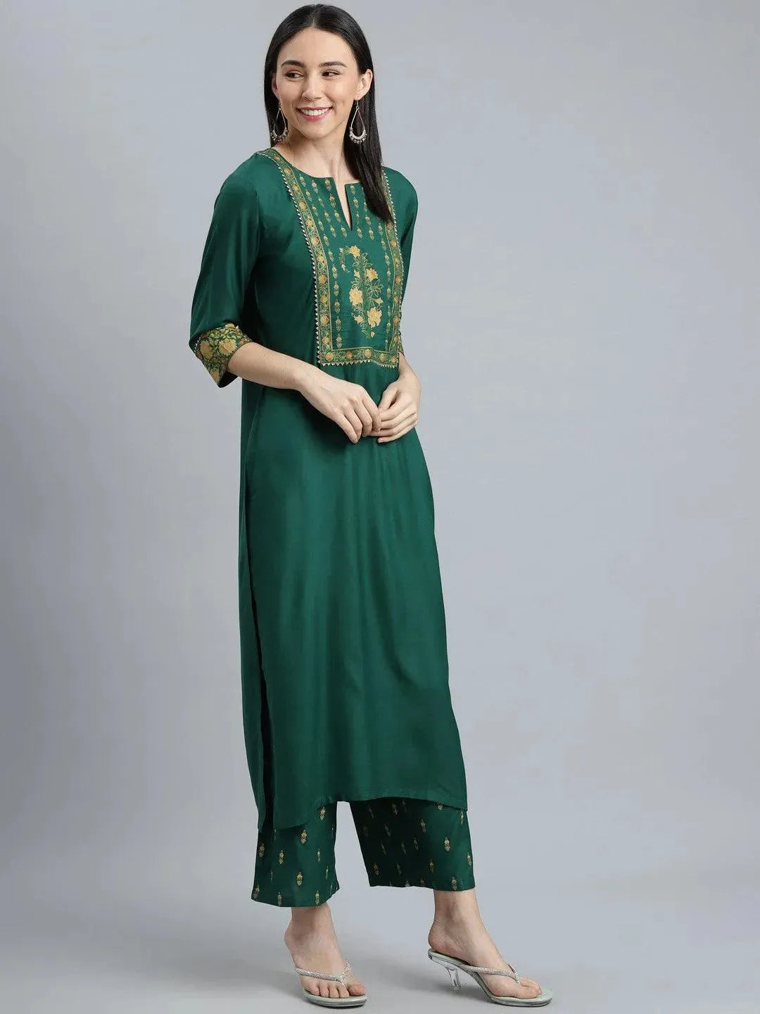 

Green Printed Rayon Straight Kurta With Palazzos & Dupatta