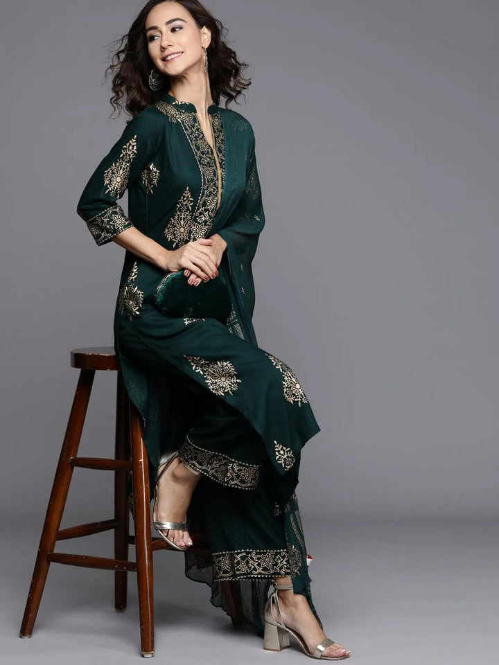 Green Printed Viscose Rayon Suit Set - Libas