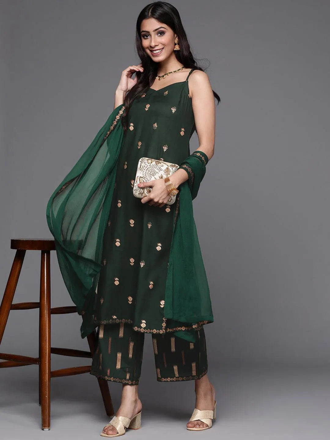 Green Printed Rayon Suit Set - Libas