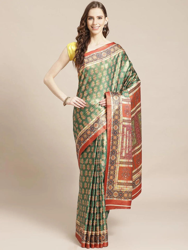 Green Printed Satin Saree - Libas