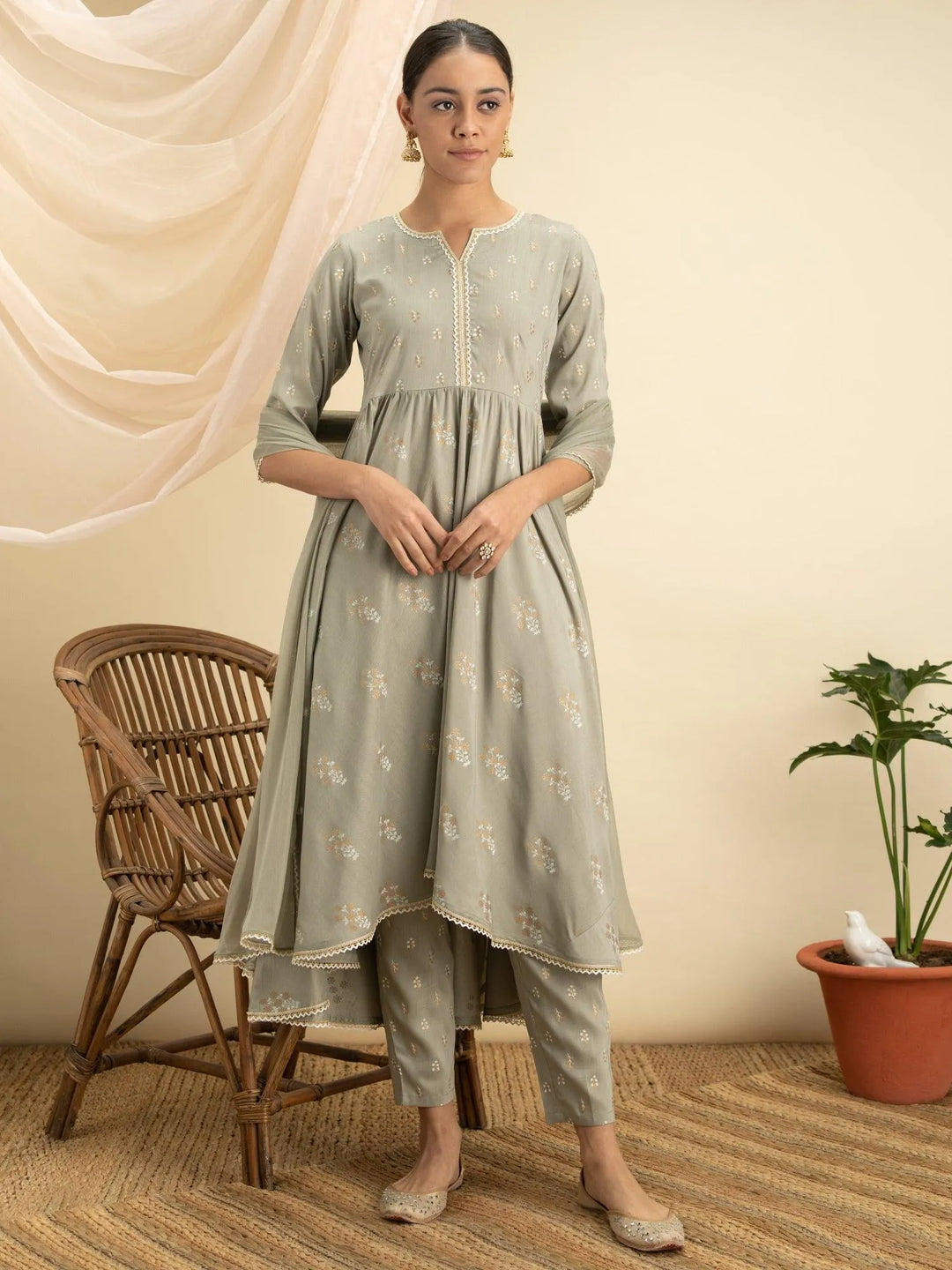 Green Printed Silk A-Line Suit Set - Libas