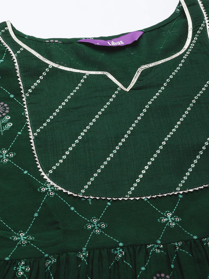 Green Printed Silk Blend A-Line Kurta With Palazzos & Dupatta - Libas