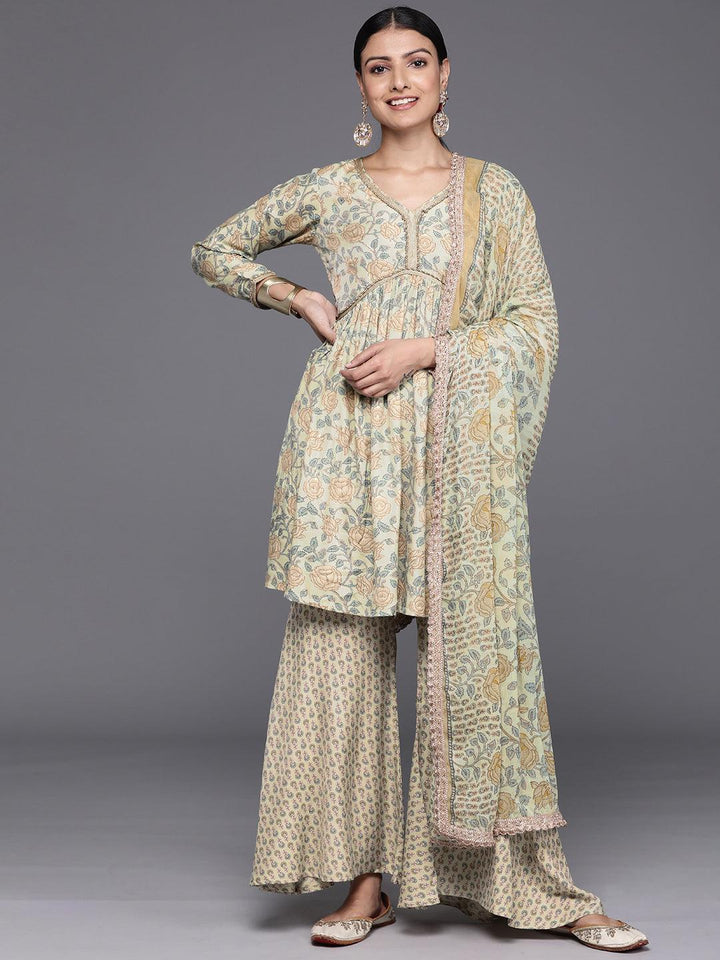 Green Printed Silk Blend A-Line Kurta With Sharara & Dupatta - Libas