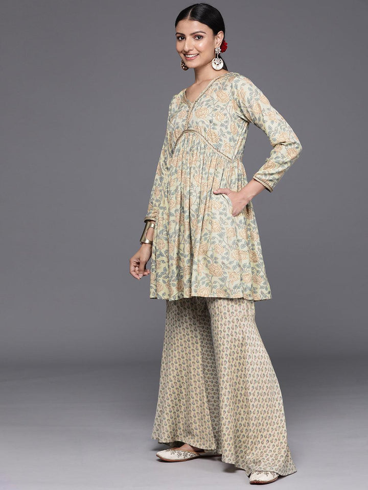 Green Printed Silk Blend A-Line Kurta With Sharara & Dupatta - Libas