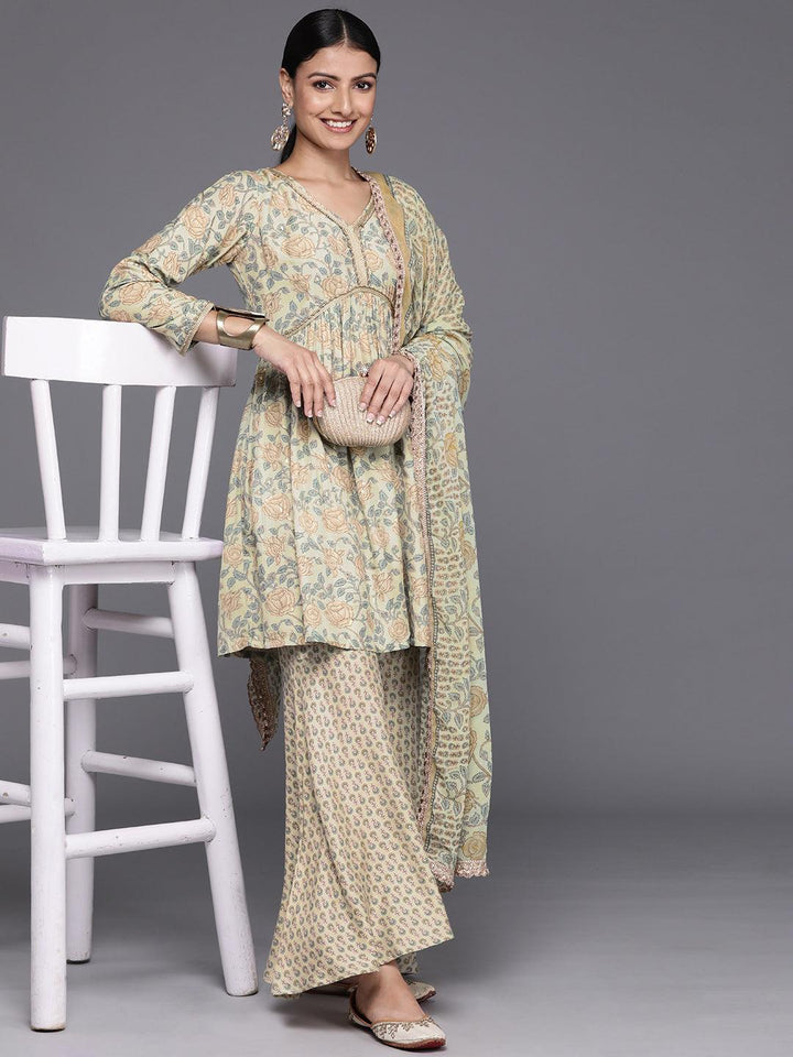 Green Printed Silk Blend A-Line Kurta With Sharara & Dupatta - Libas