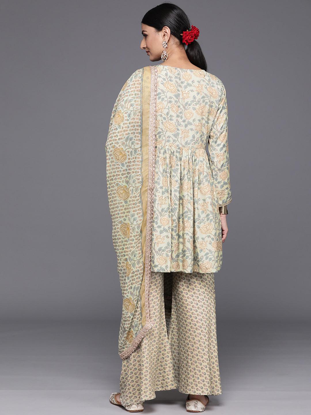 Green Printed Silk Blend A-Line Kurta With Sharara & Dupatta - Libas