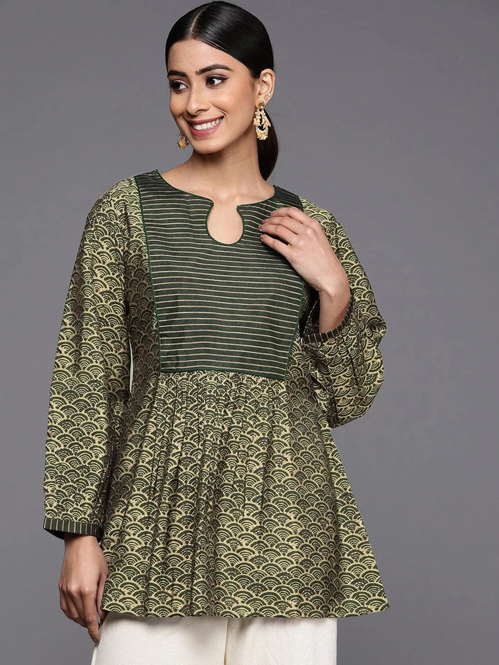 Green Printed Silk Blend A-Line Kurti - Libas