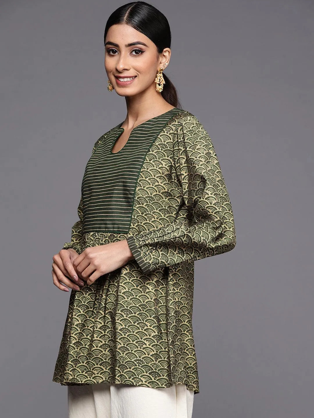 Green Printed Silk Blend A-Line Kurti - Libas 