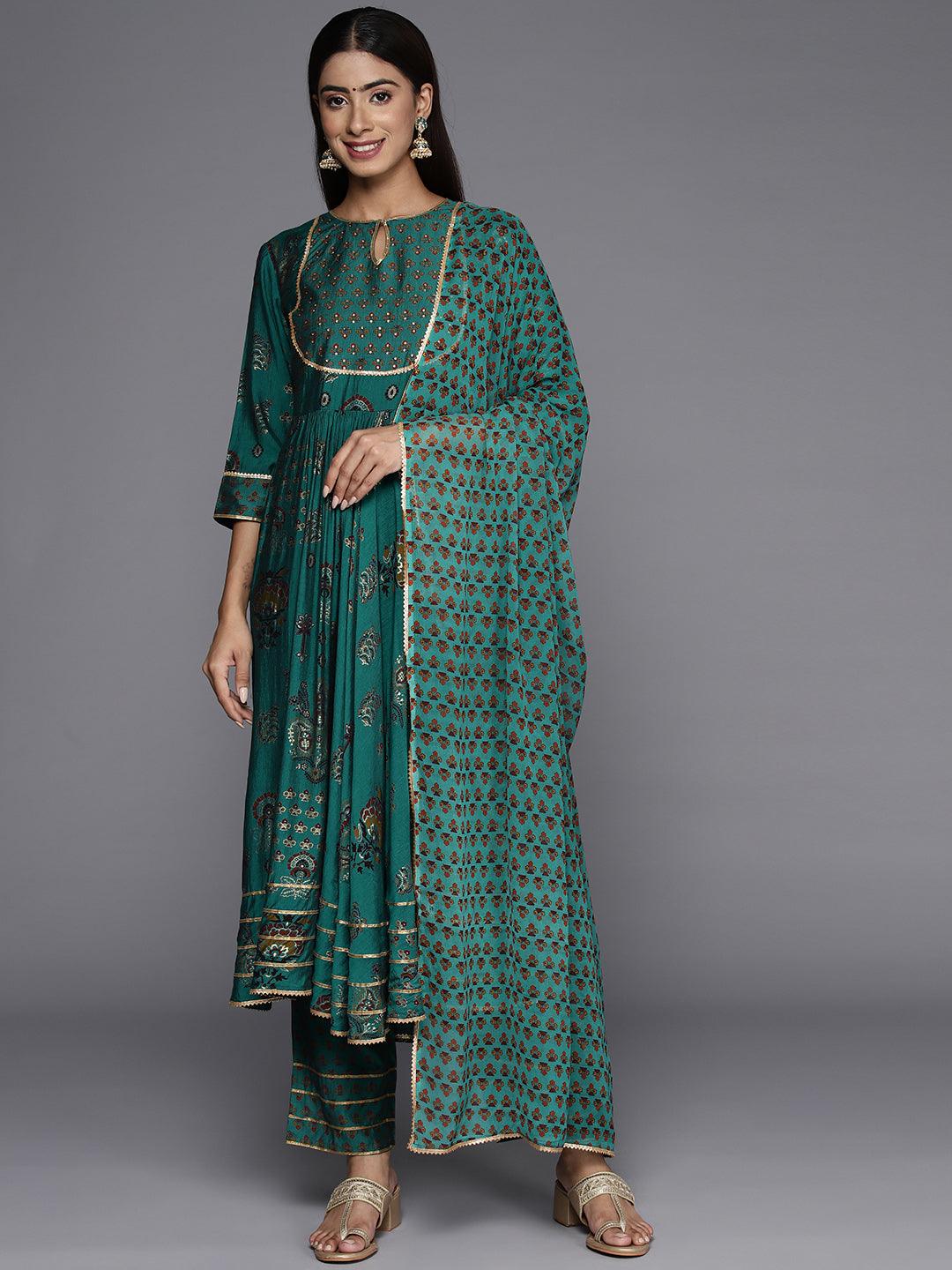 Green Printed Silk Blend Anarkali Kurta With Trousers & Dupatta - Libas