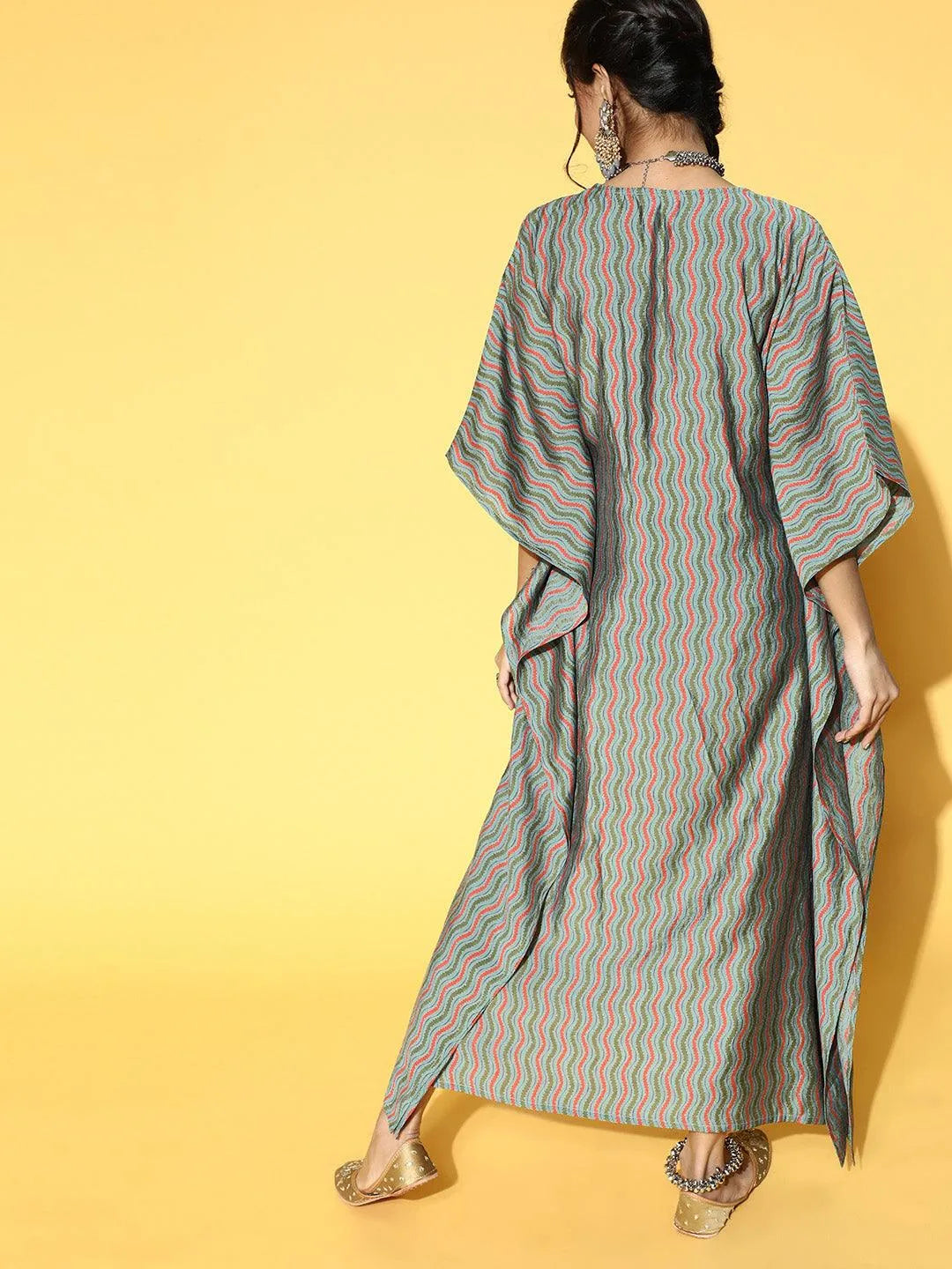 Green Printed Silk Blend Dress - Libas