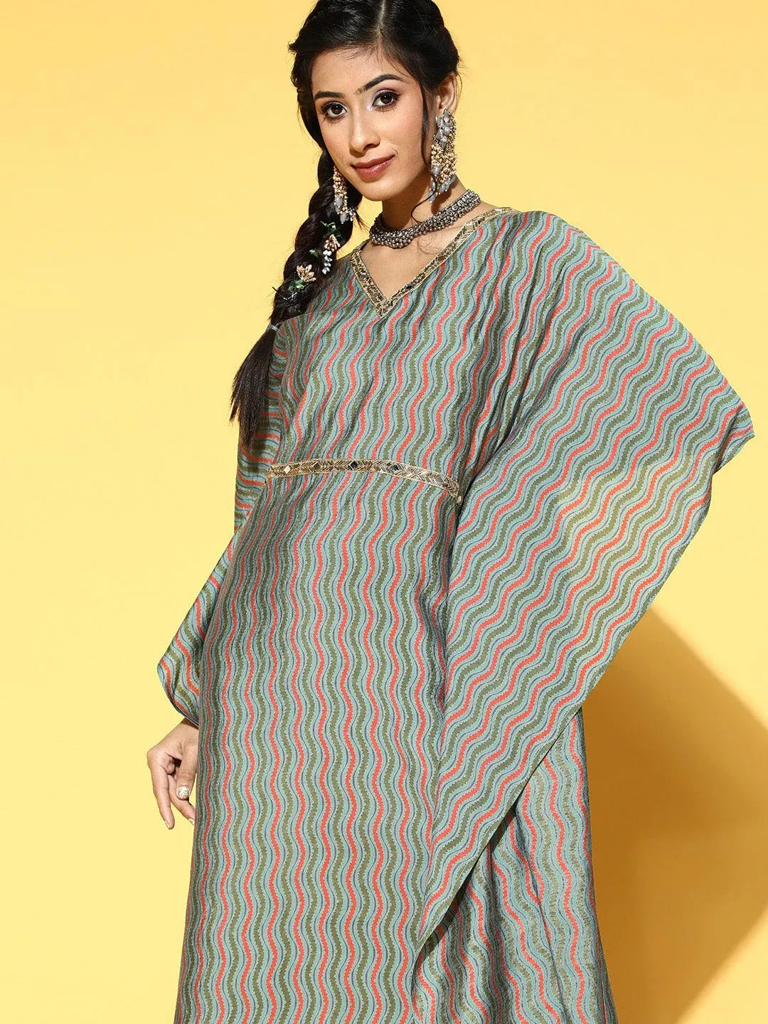 Green Printed Silk Blend Dress - Libas