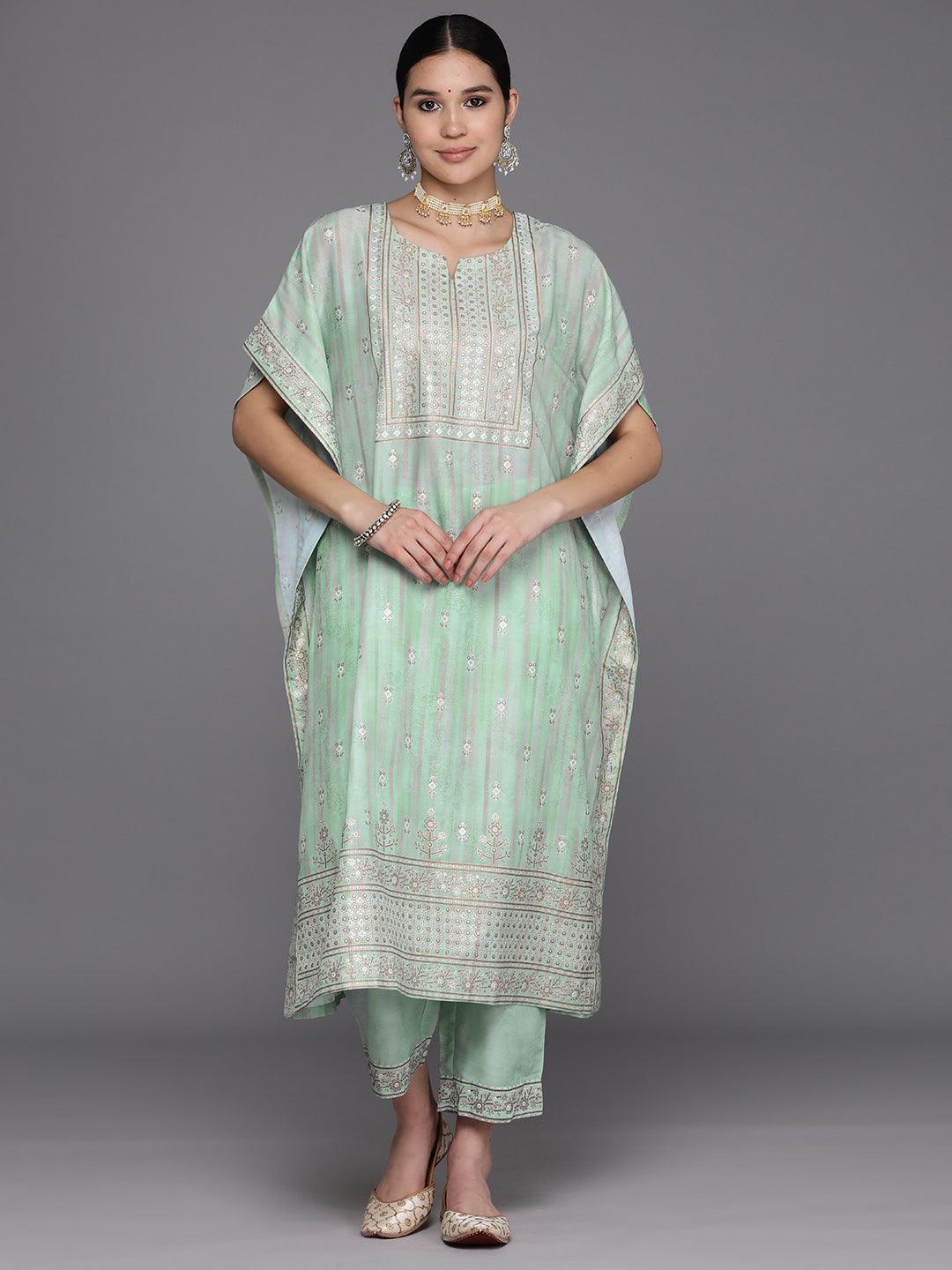 Green Printed Silk Blend Kaftan Kurta Set With Trousers - Libas