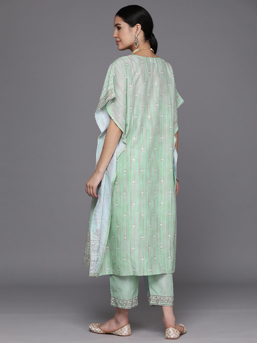 Green Printed Silk Blend Kaftan Kurta Set With Trousers - Libas