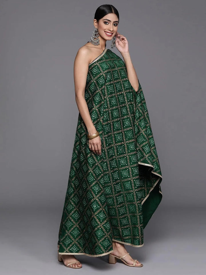 Green Printed Silk Blend Kaftan Kurta With Trousers - Libas