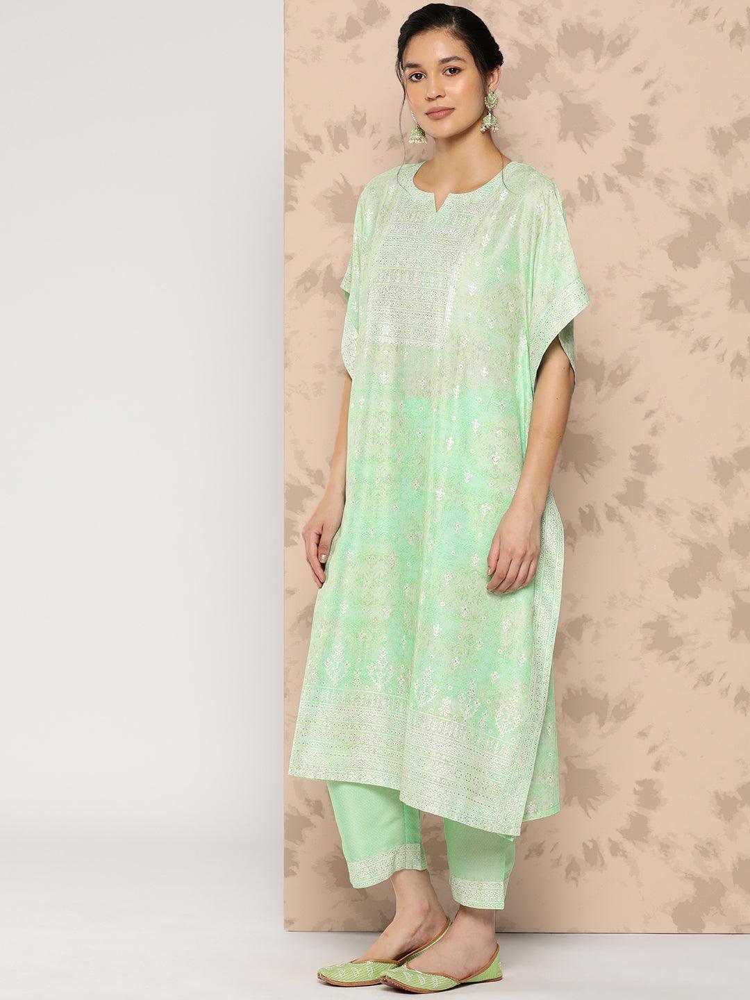 Green Printed Silk Blend Kaftan Kurta With Trousers - Libas 