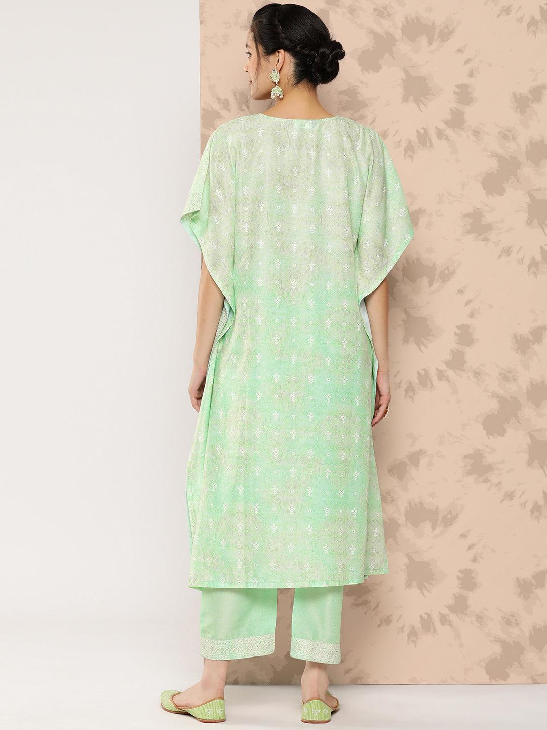 Green Printed Silk Blend Kaftan Kurta With Trousers - Libas 