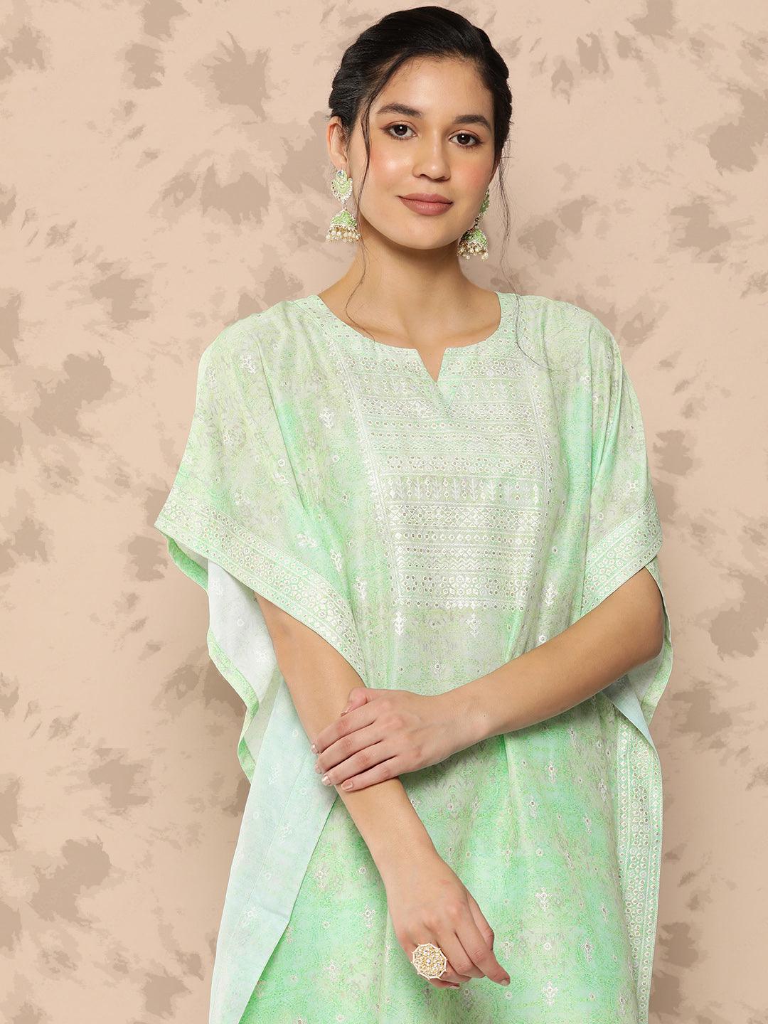 Green Printed Silk Blend Kaftan Kurta With Trousers - Libas