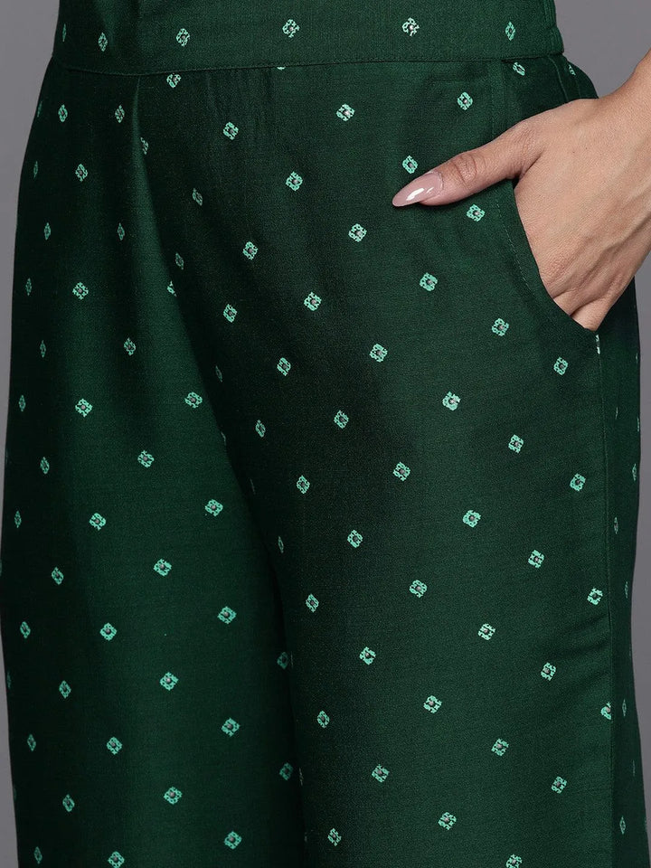 Green Printed Silk Blend Kaftan Kurta With Trousers - Libas