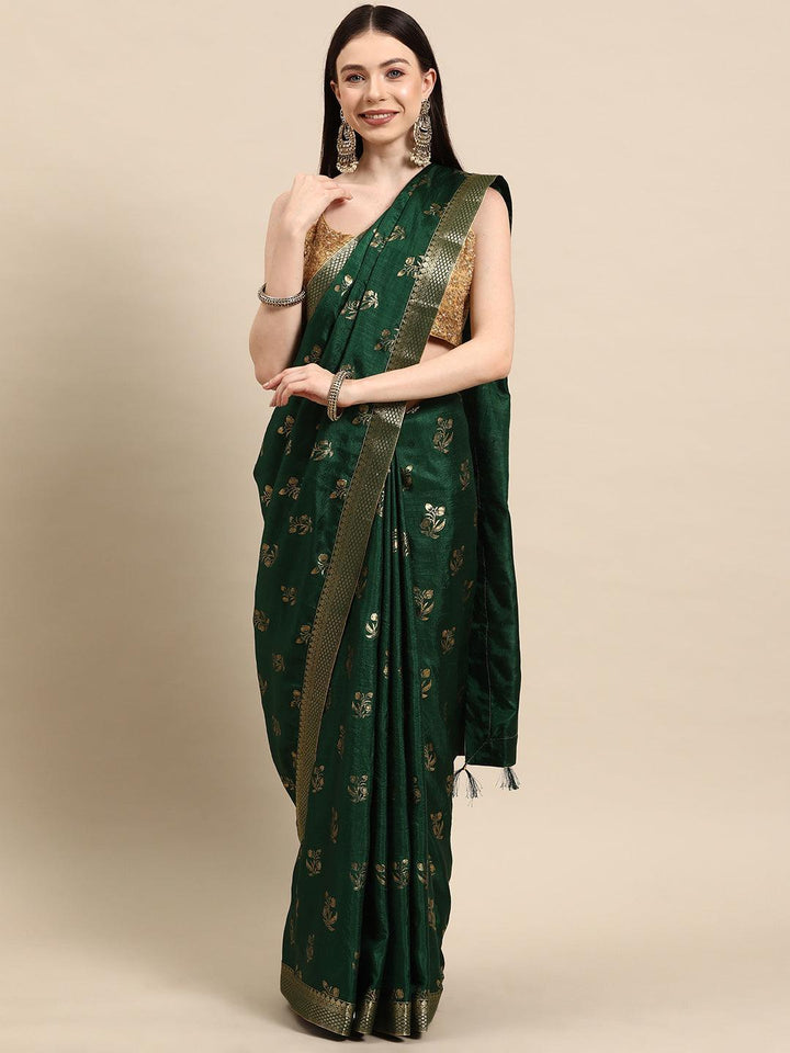 Green Printed Silk Blend Saree - Libas