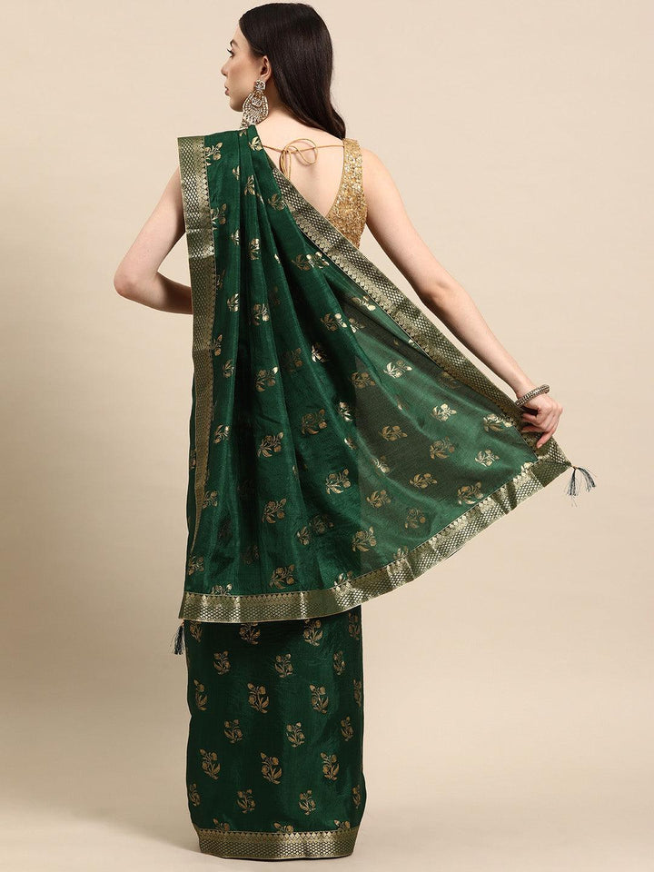 Green Printed Silk Blend Saree - Libas