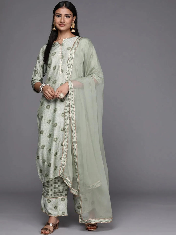 Green Printed Silk Blend Straight Suit Set - Libas