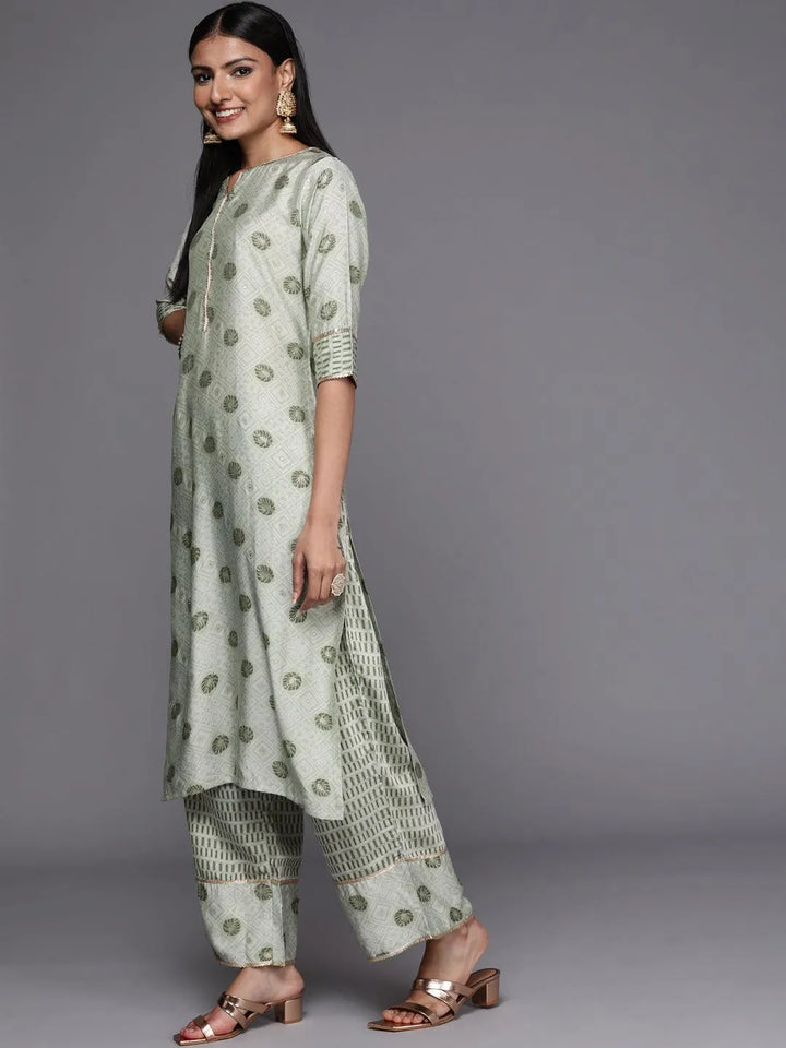 Green Printed Silk Blend Straight Suit Set - Libas