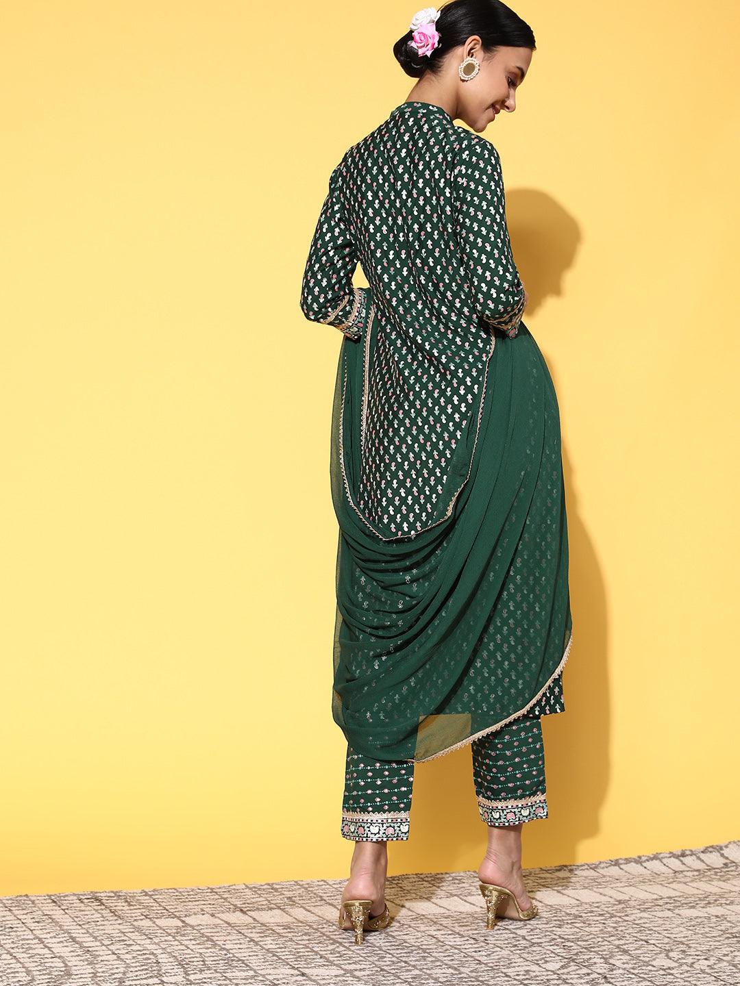 Green Printed Silk Blend Straight Kurta With Dupatta