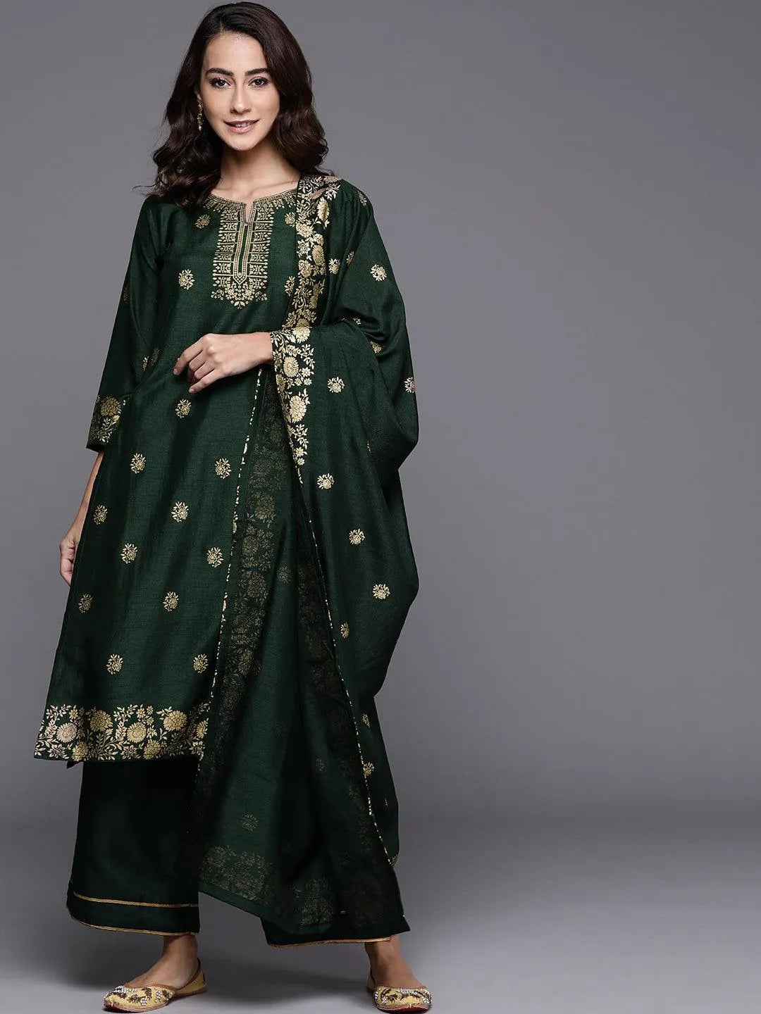 Green Printed Silk Blend Suit Set - Libas