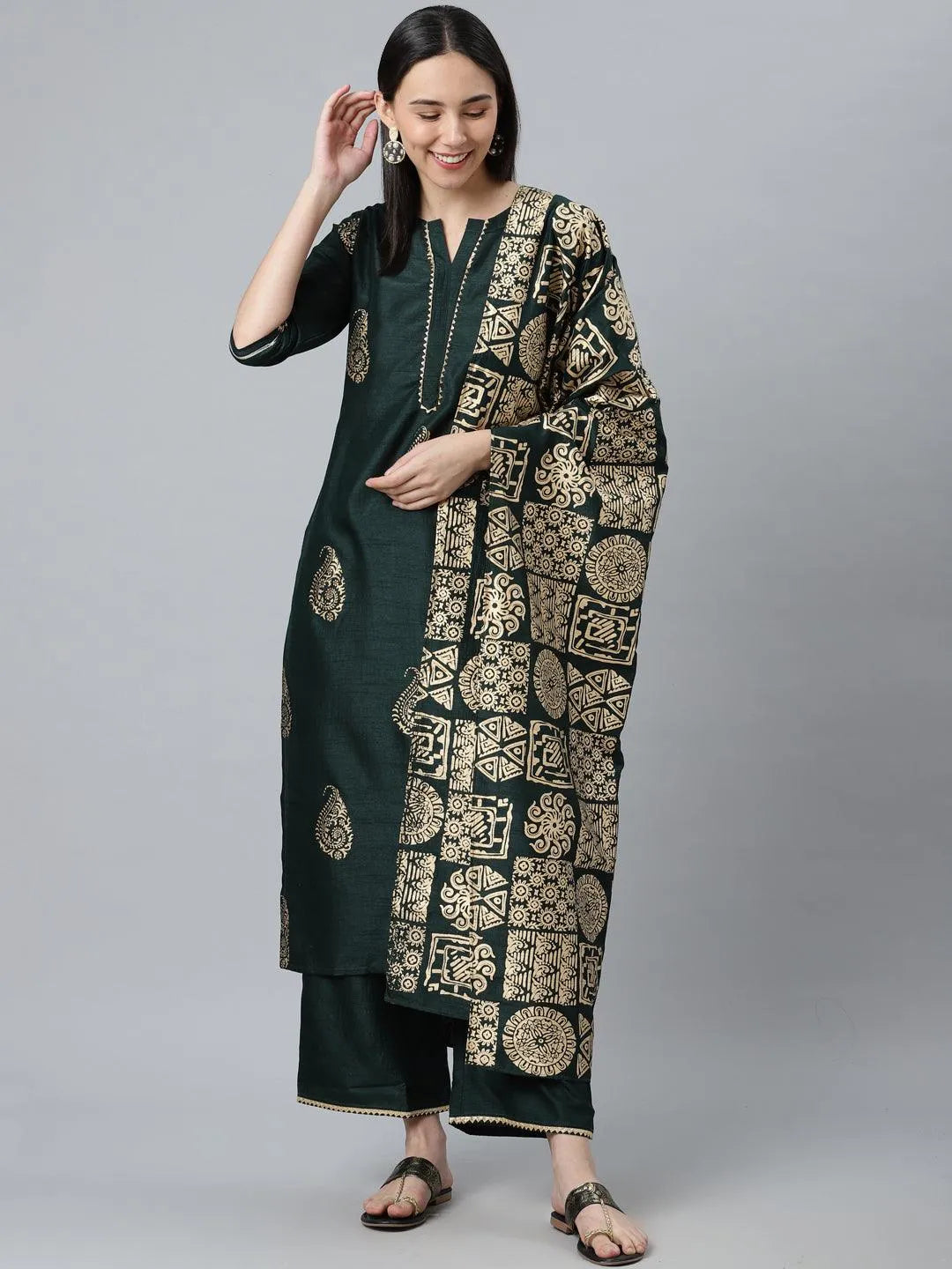 Green Printed Silk Blend Suit Set - Libas 