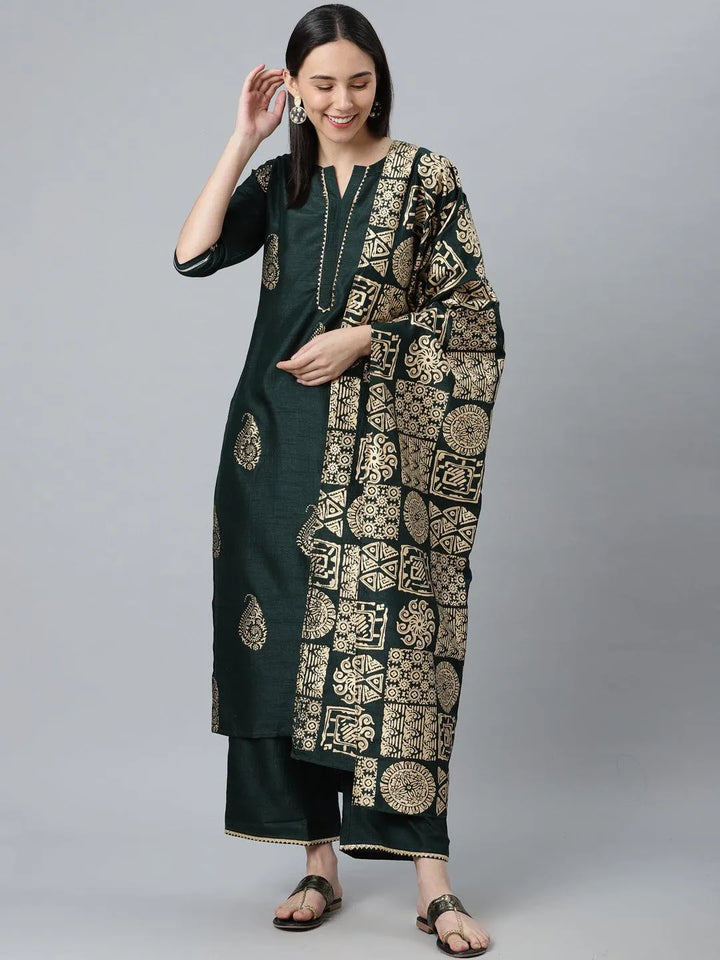 Green Printed Silk Blend Suit Set - Libas