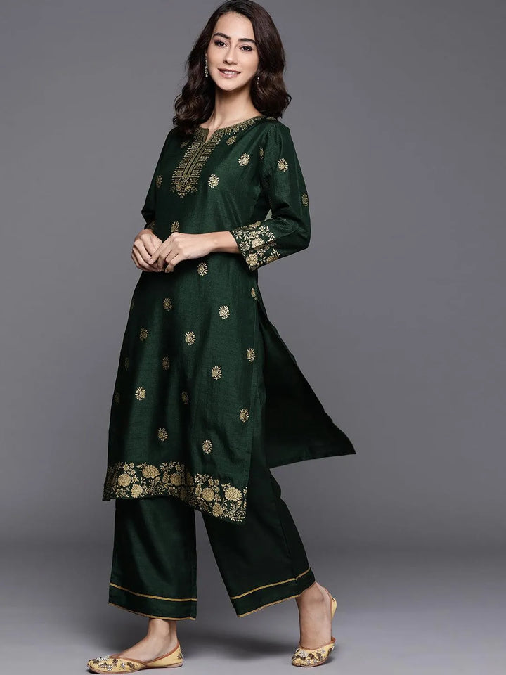 Green Printed Silk Blend Suit Set - Libas