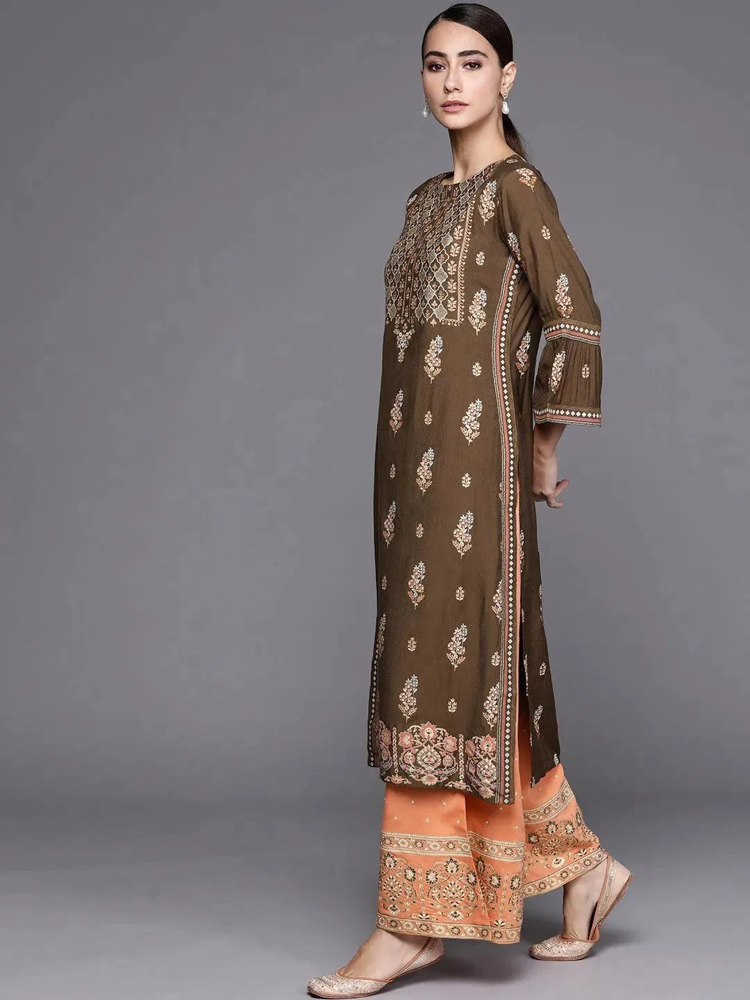 Green Printed Silk Blend Suit Set - Libas 